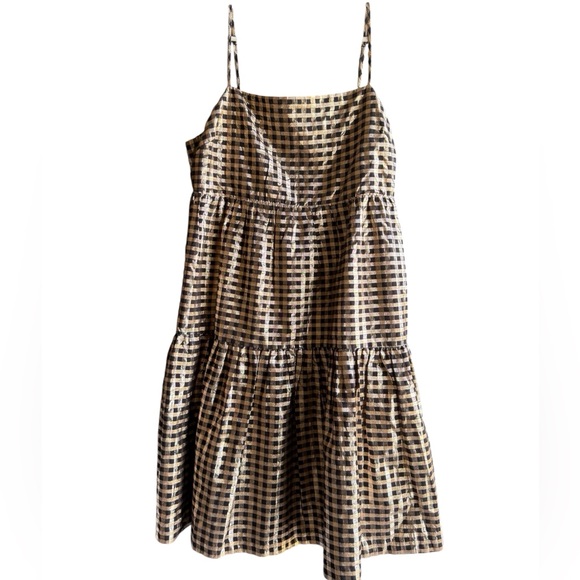J.Crew Factory Lurex Black & Gold Gingham Tiered Mini Dress in black and gold 12 - Picture 5 of 16